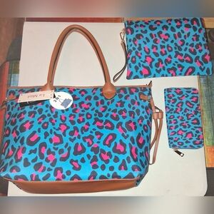 Leopard Print Tote Bag in Blue & Pink with Tan Trim - L.S. Miel